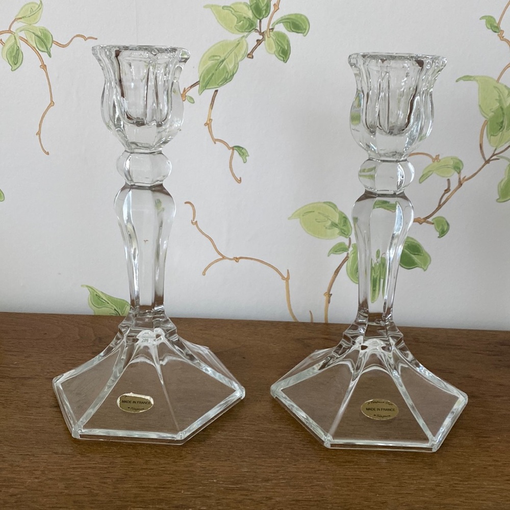 VTG Teleflora Crystal Candlestick Holders. Made in France